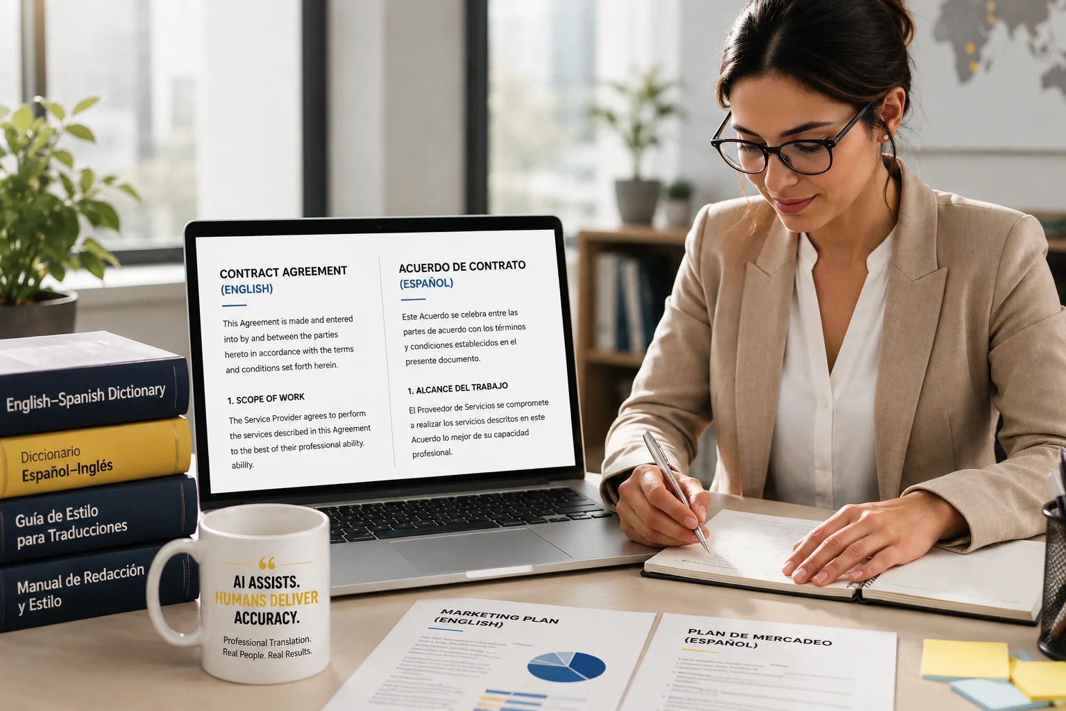 Professional English-to-Spanish and Spanish-to-English translator reviewing bilingual documents with human expertise in a modern office.